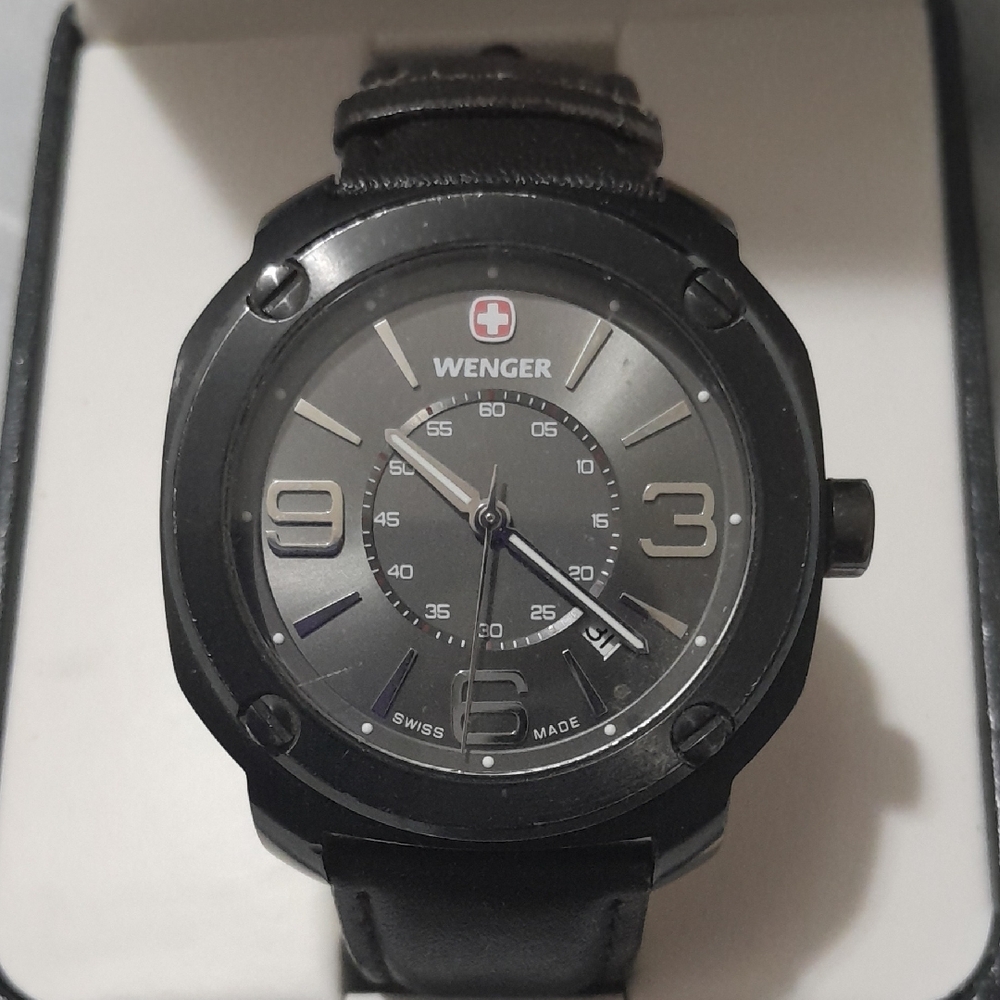 Wenger Black Dial Watch with Leather Strap